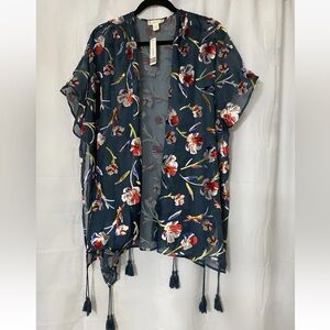 Japna Women’s Sz L Kimono Duster Open Front Shaw Floral Fringe Boho Festival NWT